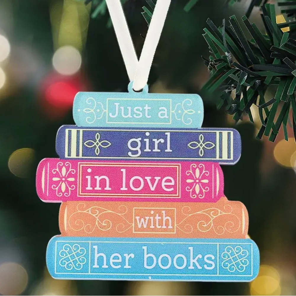 Colorful Book Stack Holiday Ornament Just a Girl in Love with Her Books Acrylic